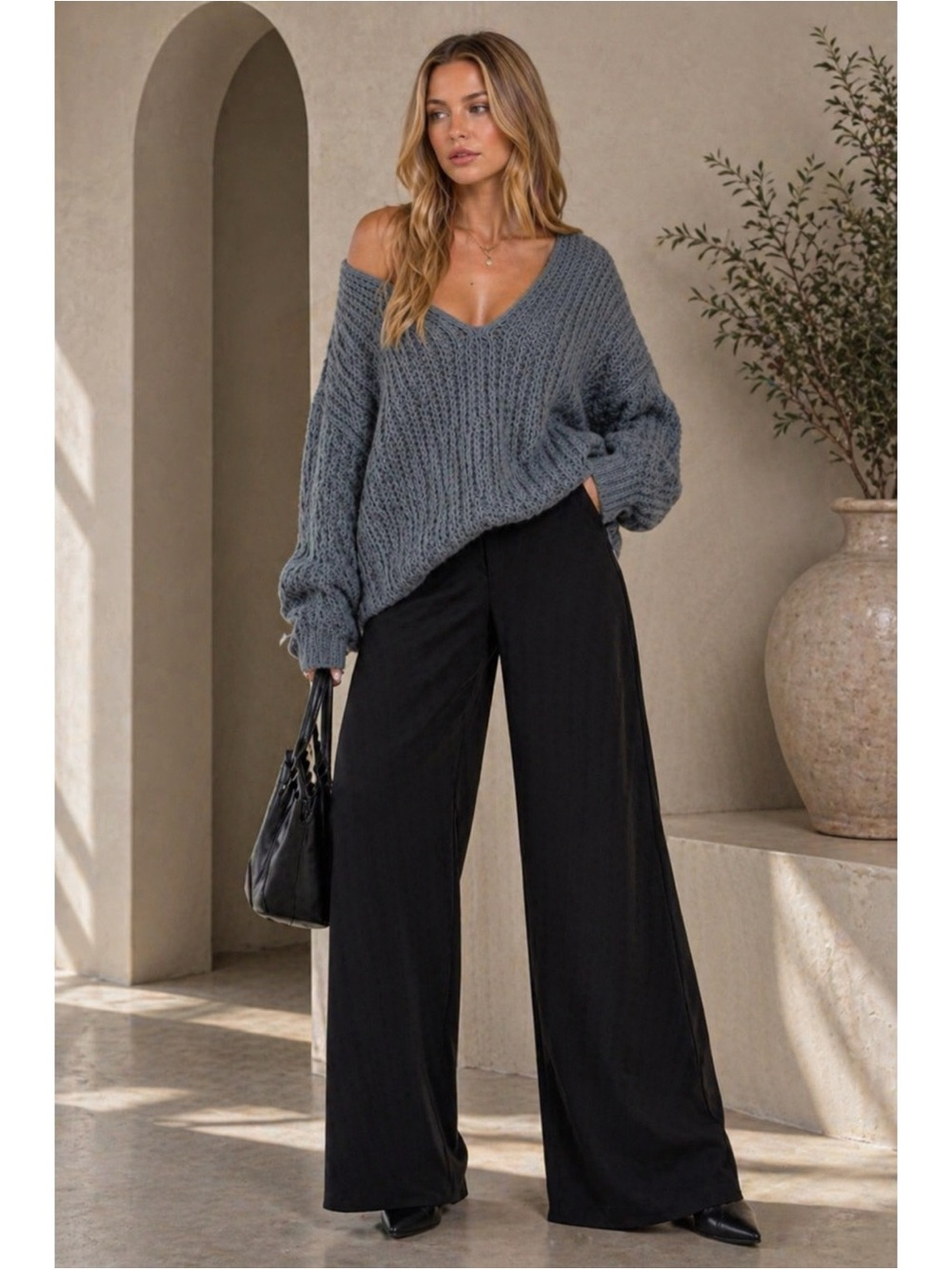 NWT V Neck Oversized Chenille Cable Knit Sweater - Dark Grey